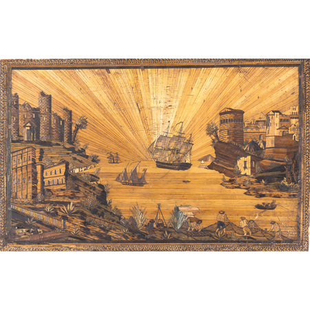 Strohbild mit Hafenszene, Italien um 1800